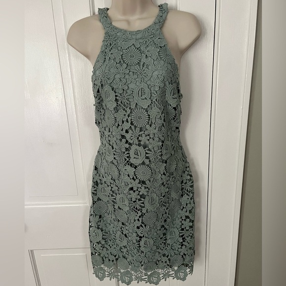 Lulus Dresses & Skirts - Lulu’s Sage Love Poem Lace Overlay Halter Mini Cocktail Dress Size Large